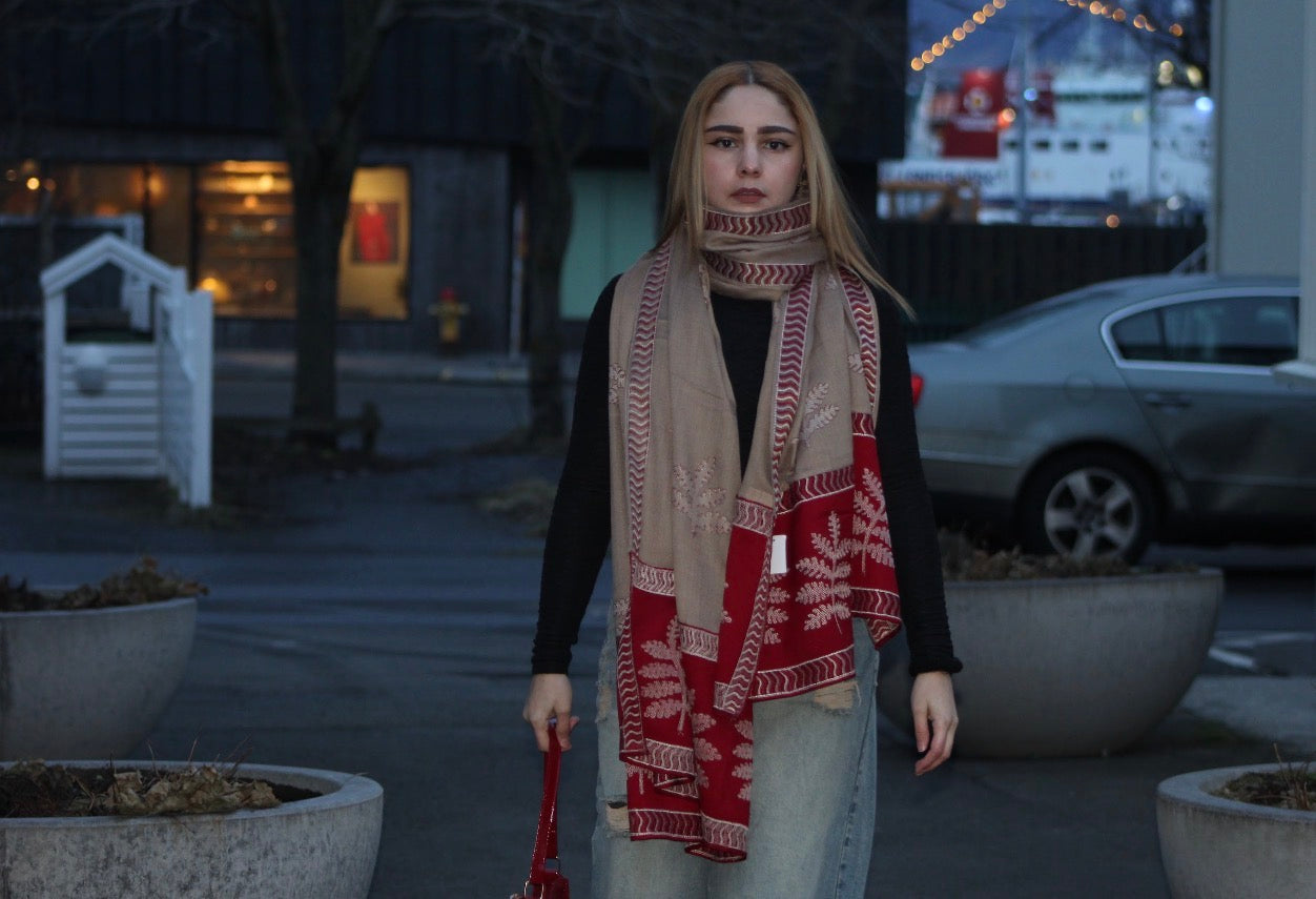 Beige & Red Embroidered Wool-Blend Shawl