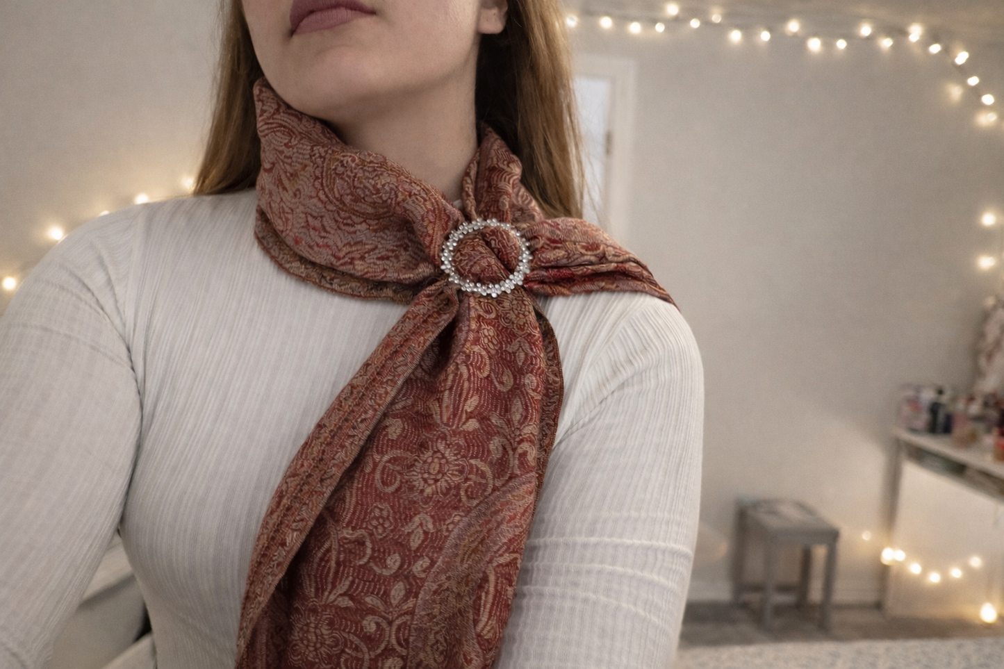 Warm Rose Seraphine Jacquard Silk Scarf with Crystal Brooch