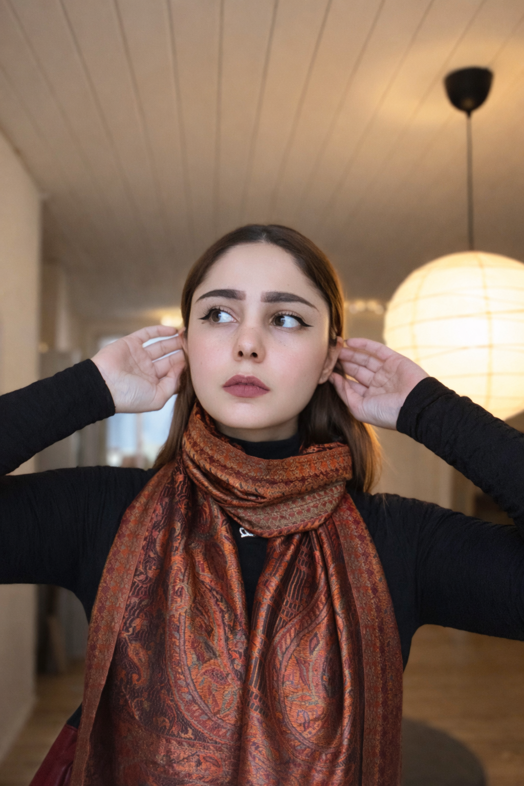 Burnished Copper Jacquard Silk Scarf with Brooch