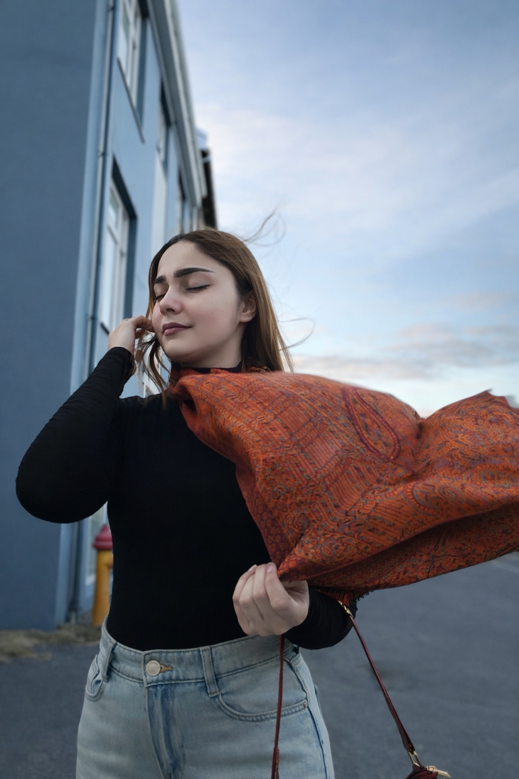 Burnished Copper Jacquard Silk Scarf with Brooch