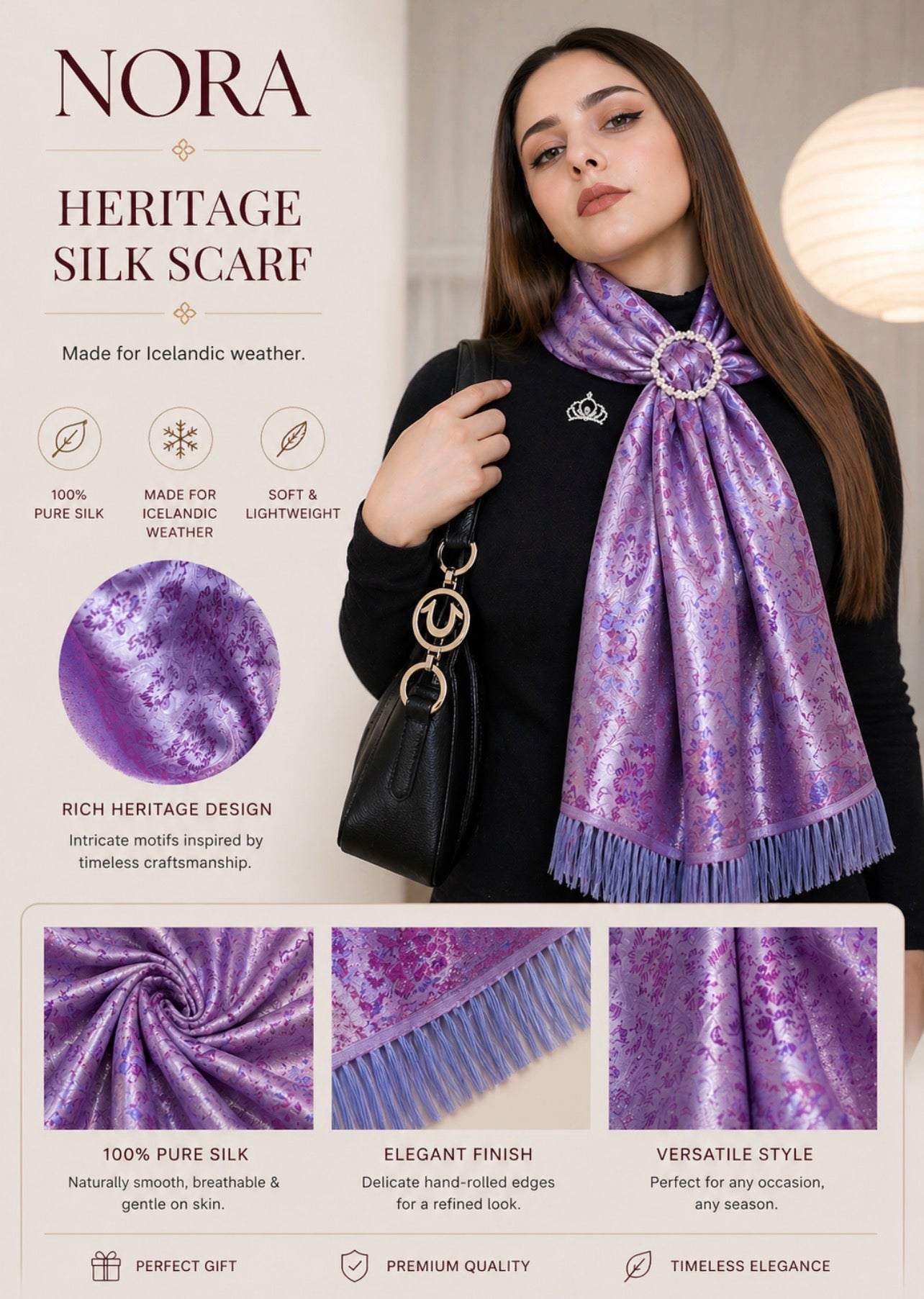 Lavender Silver Lilac Jacquard Silk Scarf with Crystal Brooch