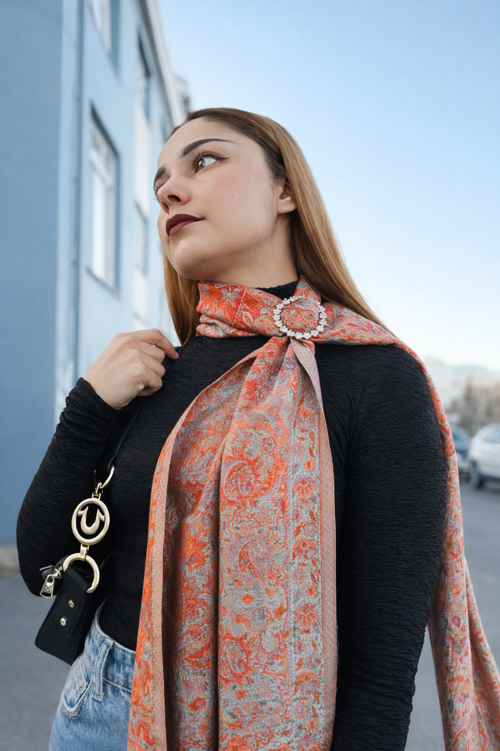 NORA Seraphine Jacquard Silk Scarf Presented with Crystal Brooch.