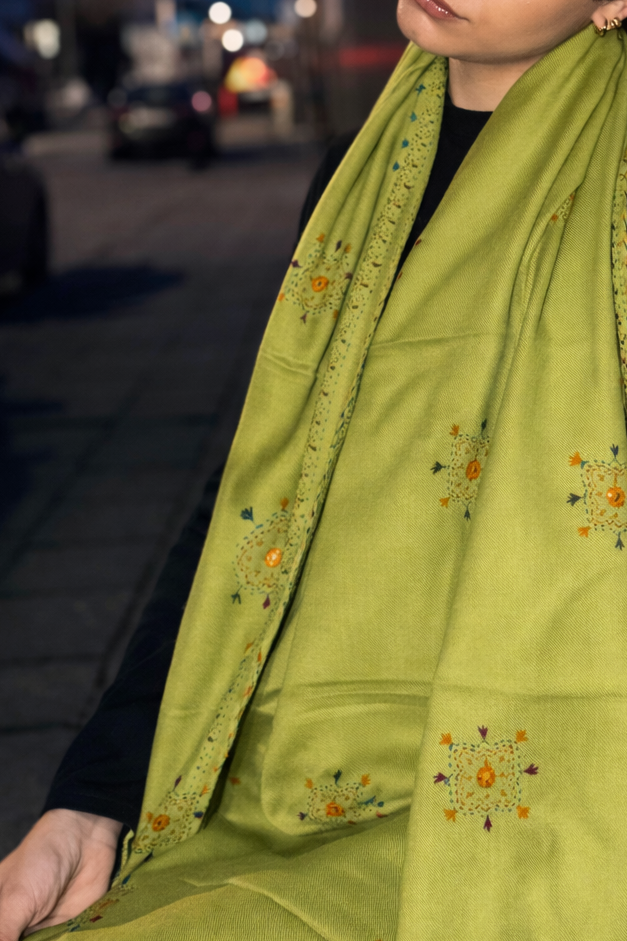 Zamin- e-Sabz Heritage Wool Scarf( Green Earth)