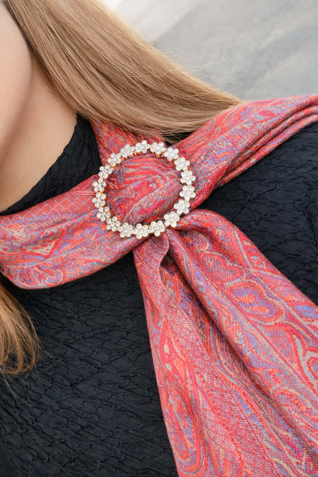 Crimson Silk of Herat With Crystal Brooch