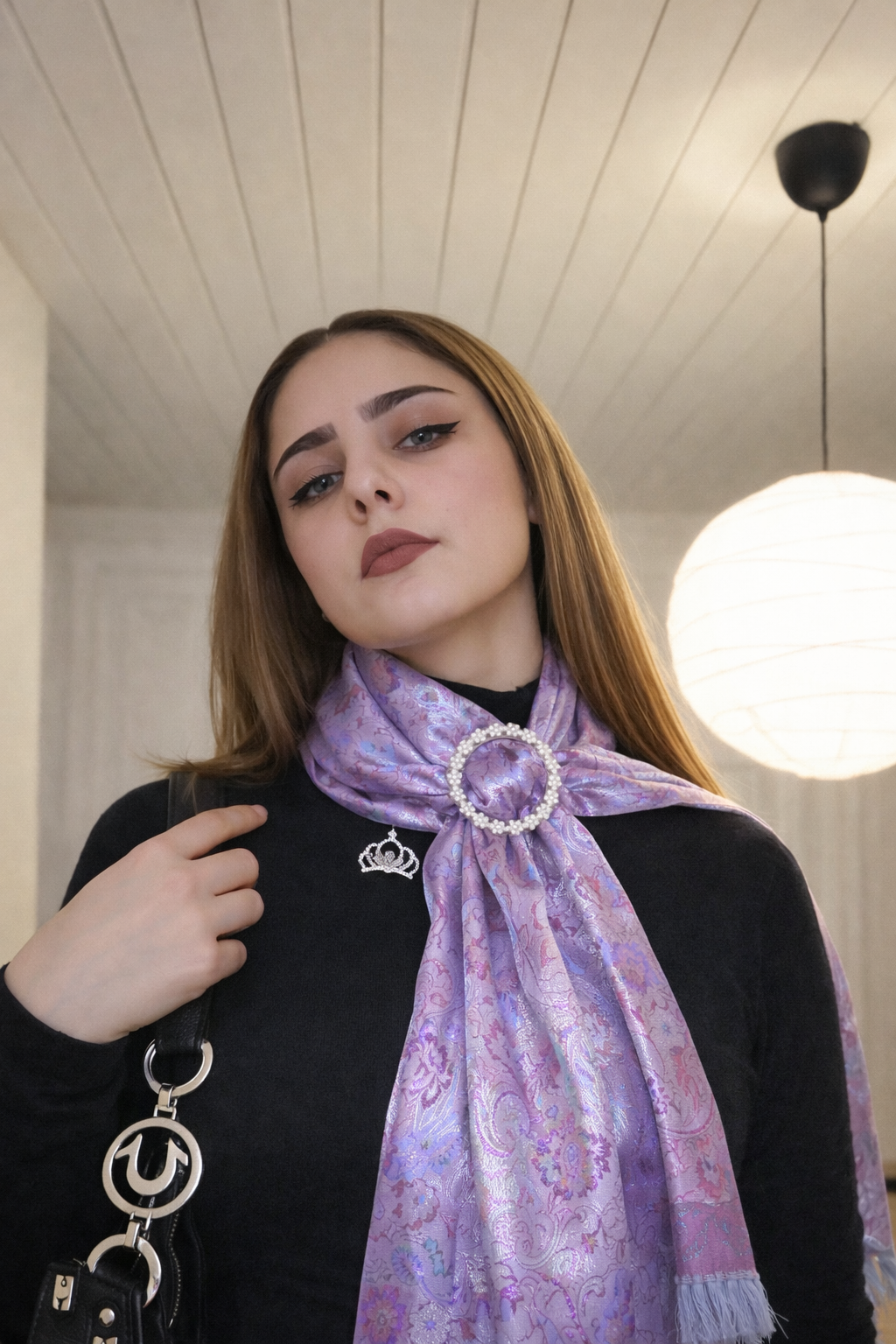 Lavender Silver Lilac Jacquard Silk Scarf with Crystal Brooch