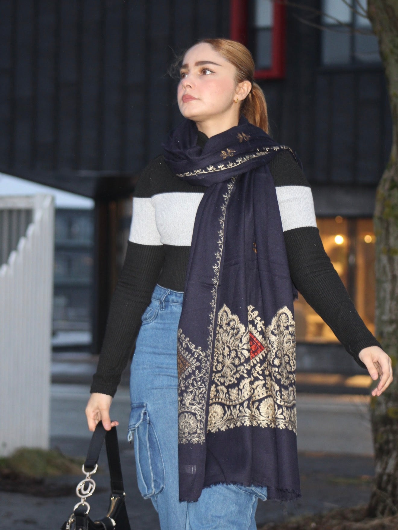 Midnight Blue Wool Shawl with Ornamental Embroidery