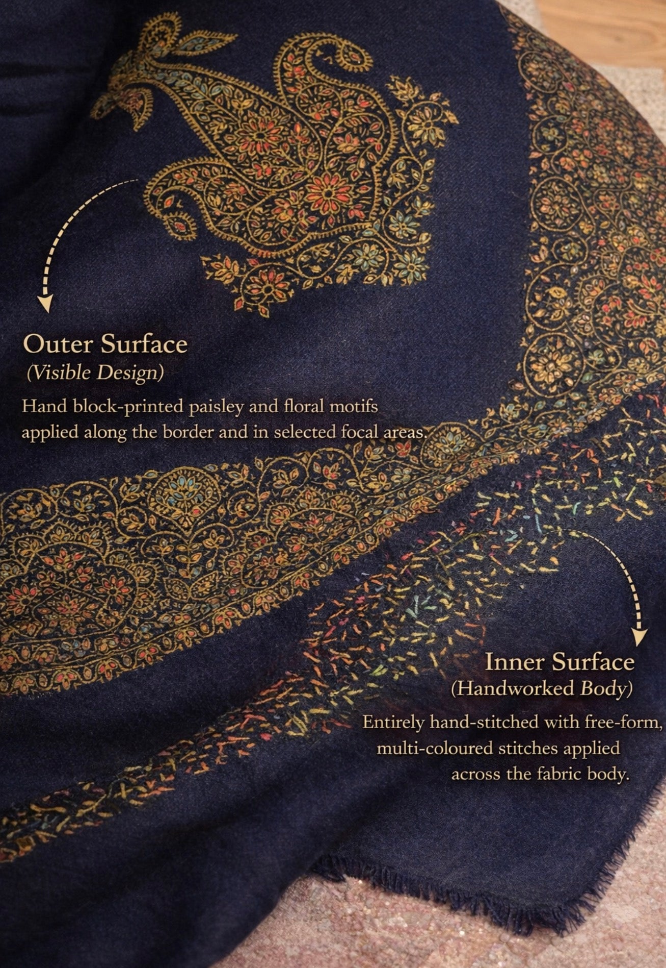 Deep Navy-Paisley Handworked Wool Scarf/ Light  Shawl
