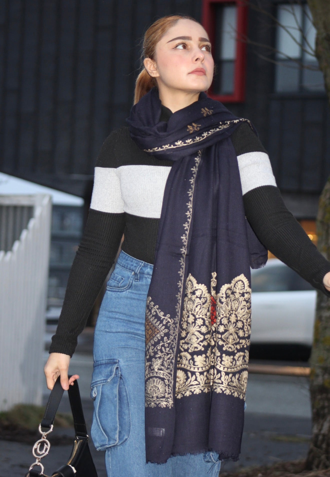 Midnight Blue Wool Shawl with Ornamental Embroidery