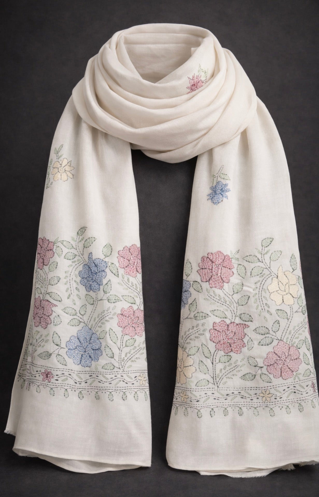 Bloom of Ivory Hand-Embroidered Shawl/Handmade by Afghan Women