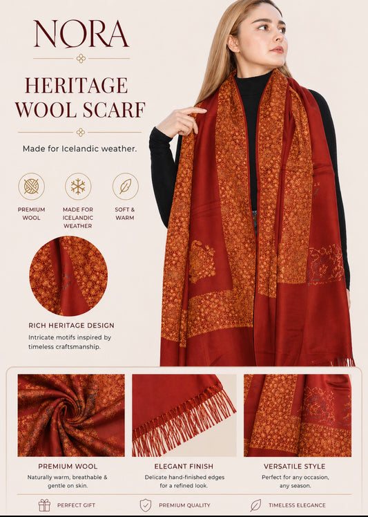 Rust Amber-Paisley Handworked Wool Scarf/ Light  Shawl