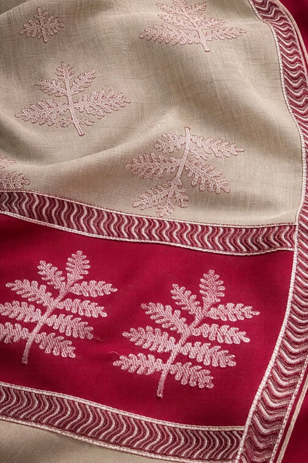 Beige & Red Embroidered Wool-Blend Shawl
