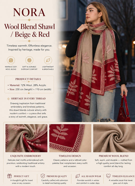 Nora Wool Blend Shawl / Beige & Red