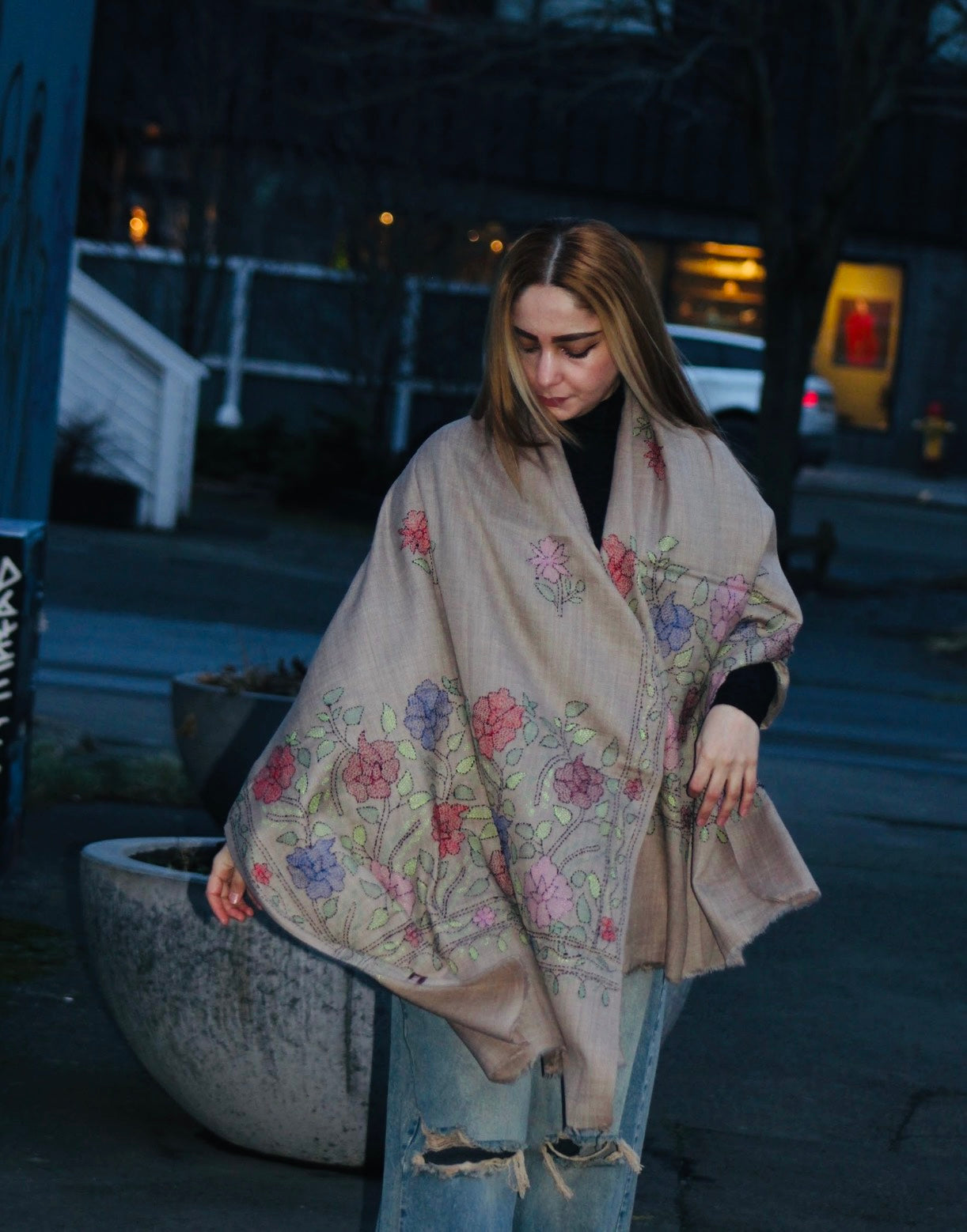 Afghan Artisan Hand-Embroidered Beige Floral Scarf/ Light Shawl
