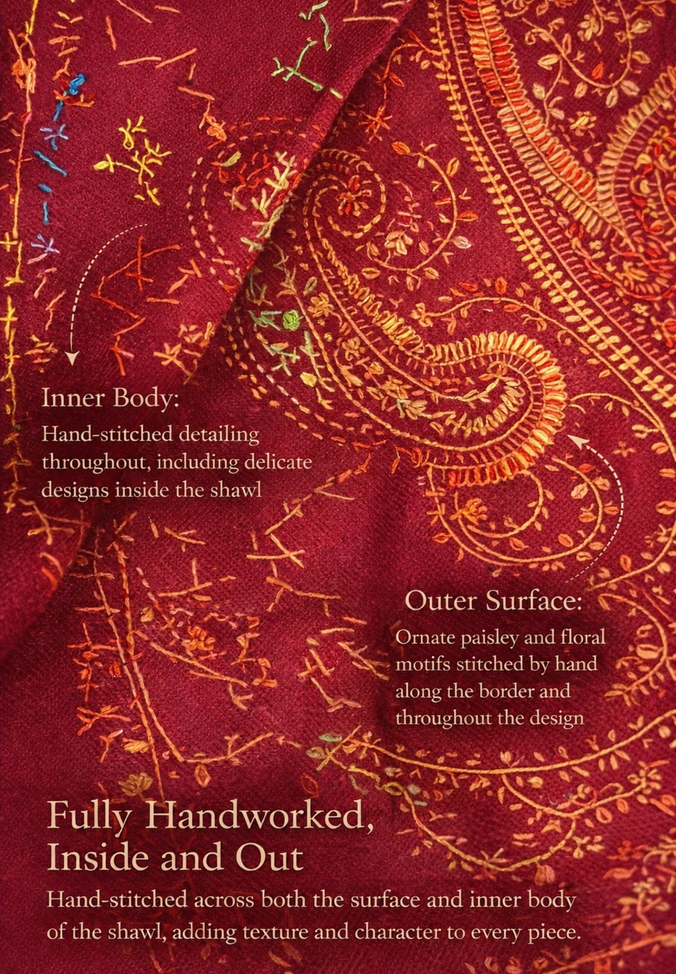 Paisley Lightweight Handworked Wool Scarf / Light Shawl– Wine Red