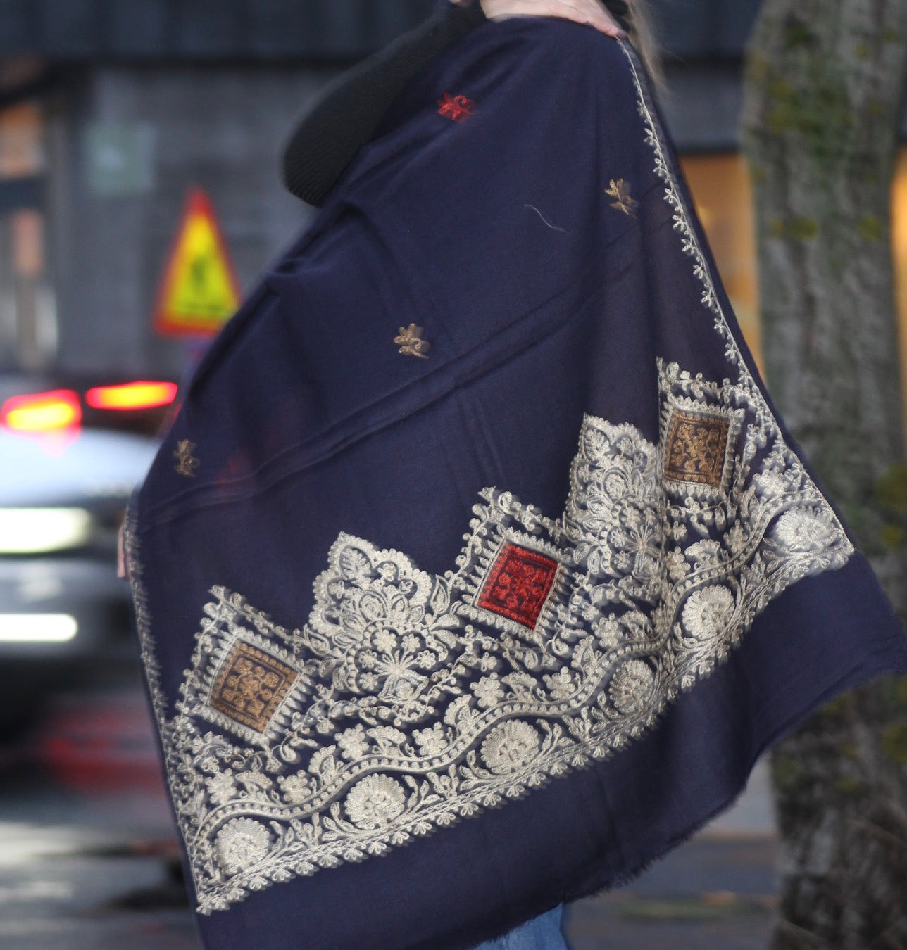 Midnight Blue Wool Shawl with Ornamental Embroidery