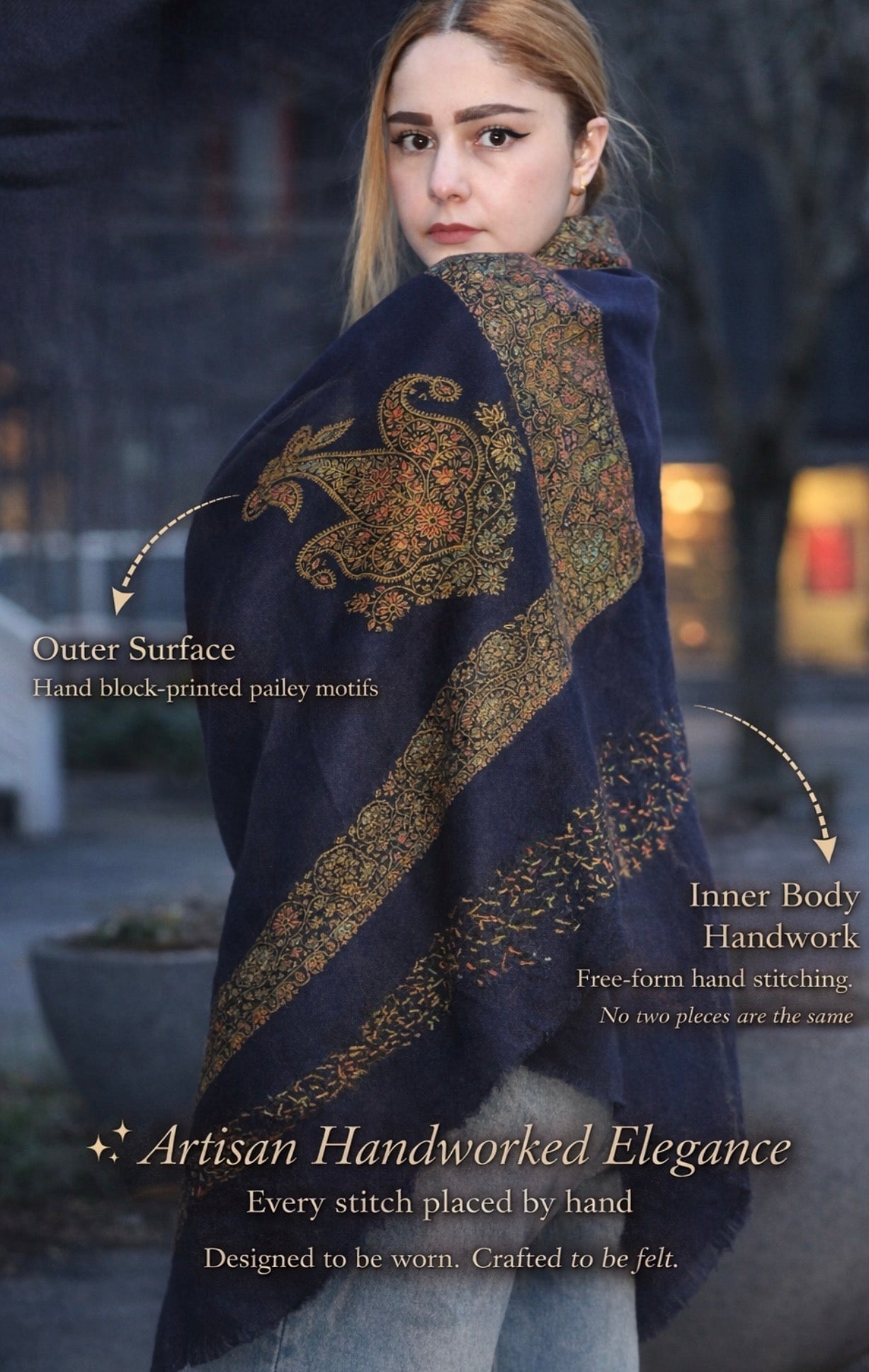 Deep Navy-Paisley Handworked Wool Scarf/ Light  Shawl