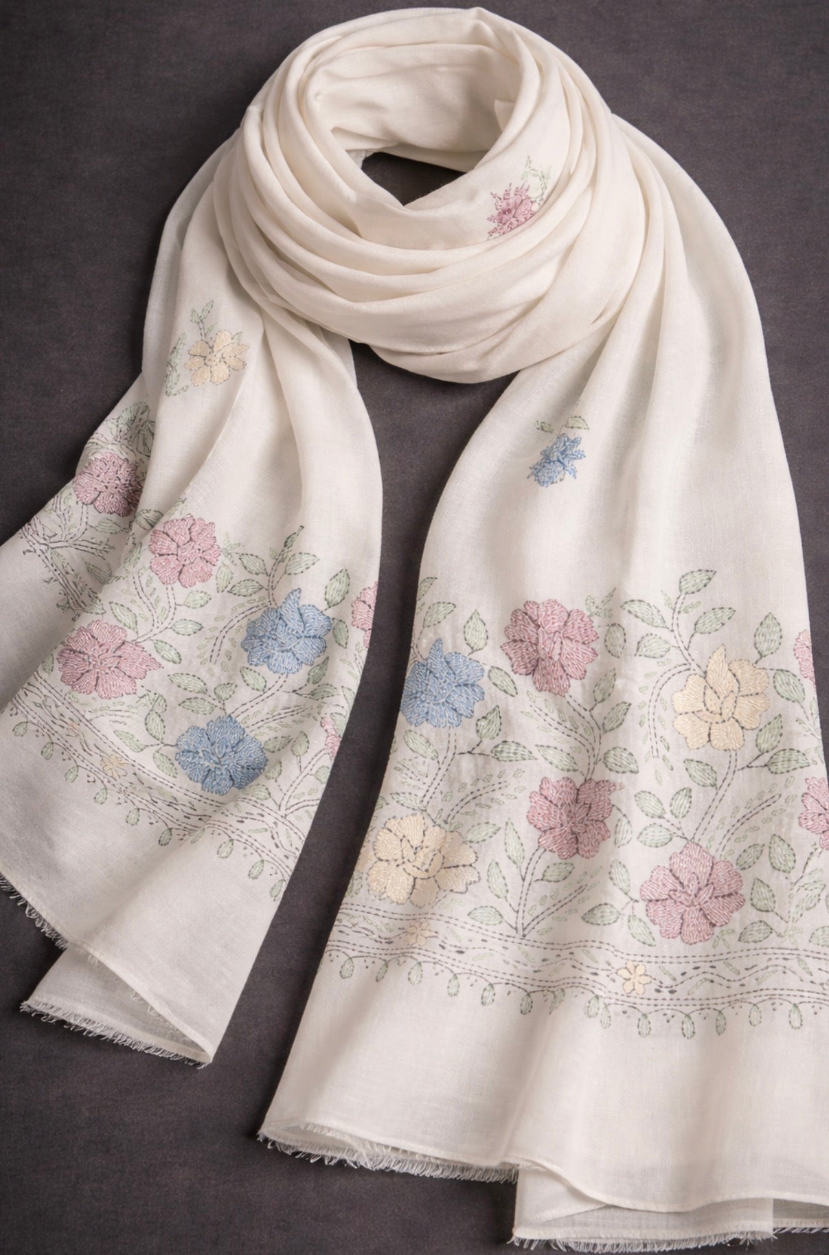 Bloom of Ivory Hand-Embroidered Shawl/Handmade by Afghan Women