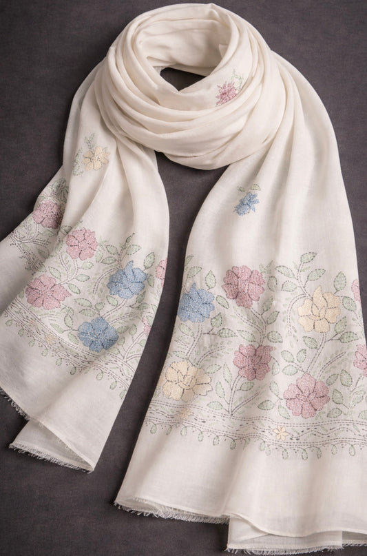 Bloom of Ivory Hand-Embroidered Shawl/Handmade by Afghan Women