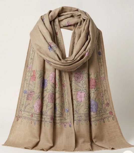 Afghan Artisan Hand-Embroidered Beige Floral Scarf/ Light Shawl