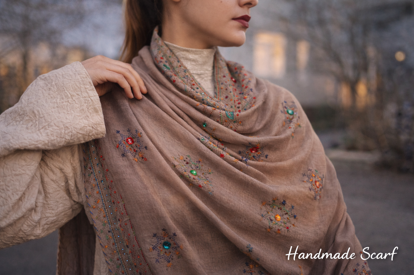 Desert Taupe Floral Afghan Scarf/ Lightweight Shawl