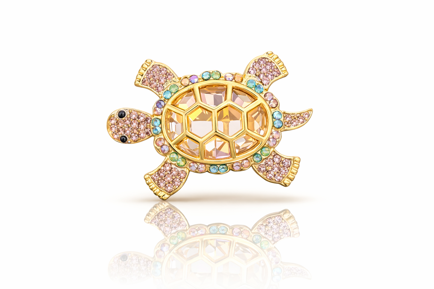 Golden Radiance Turtle Crystal Brooch