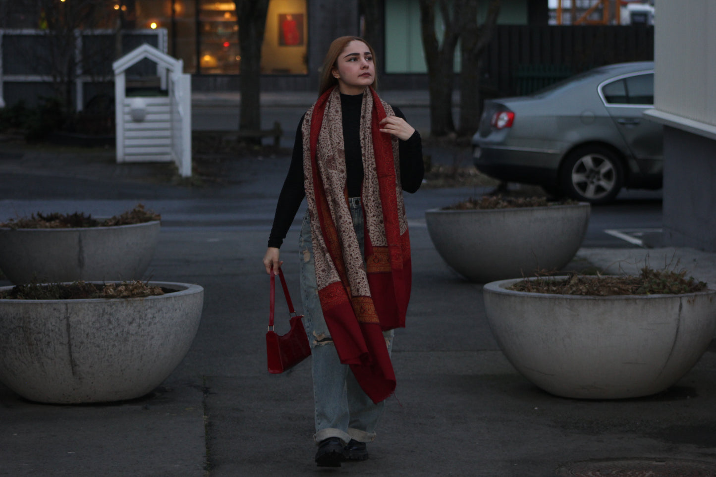 Classic Paisley Wool-Blend Shawl – Deep Red & Beige