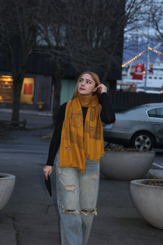 Paisley Handworked Wool scarf / Light Shawl – Mustard