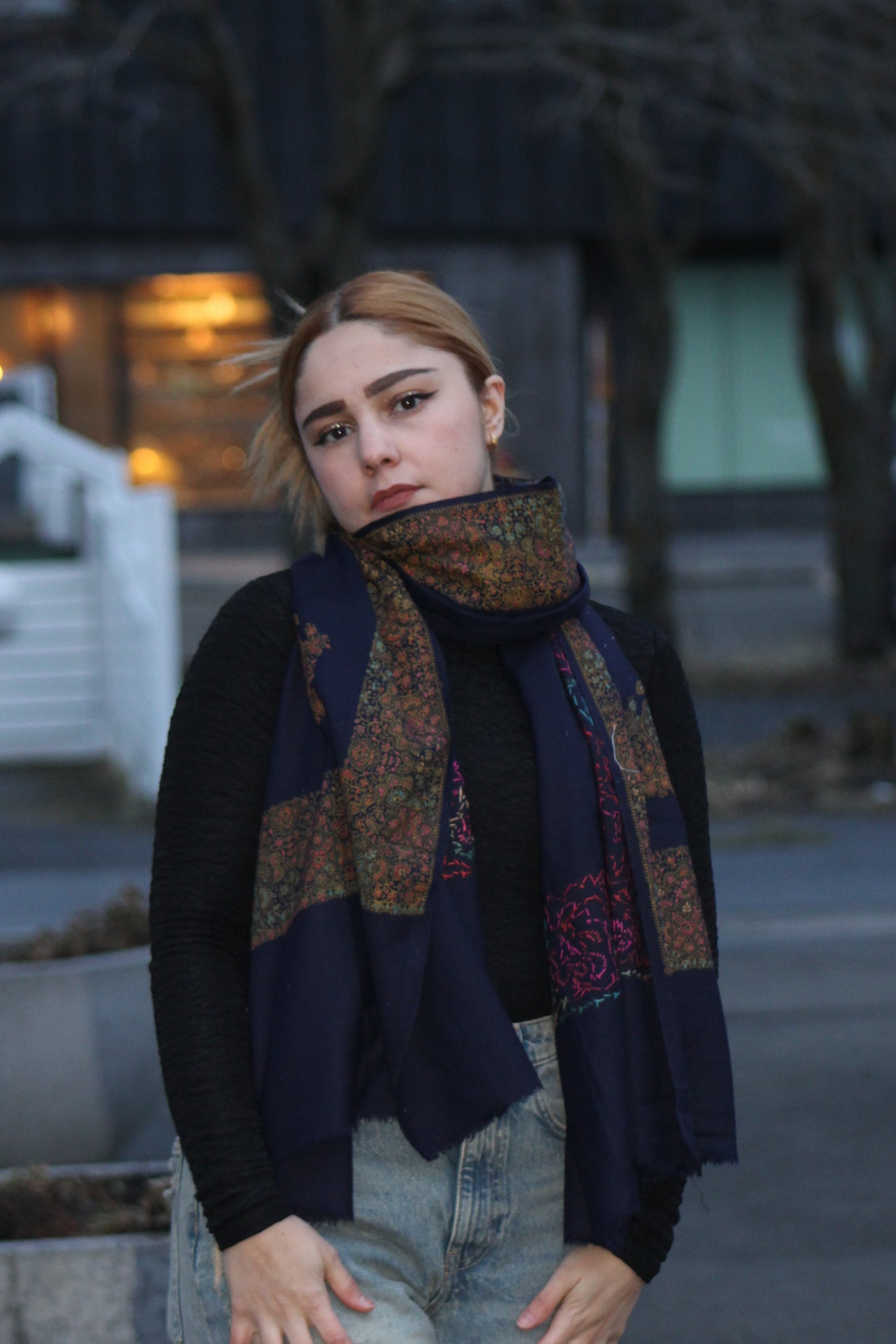 Deep Navy-Paisley Handworked Wool Scarf/ Light  Shawl
