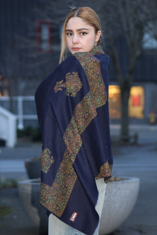 Deep Navy-Paisley Handworked Wool Scarf/ Light  Shawl