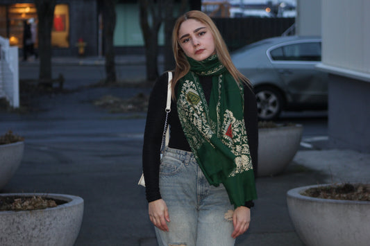 Emerald Green Embroidered Scarf/ Light shawl