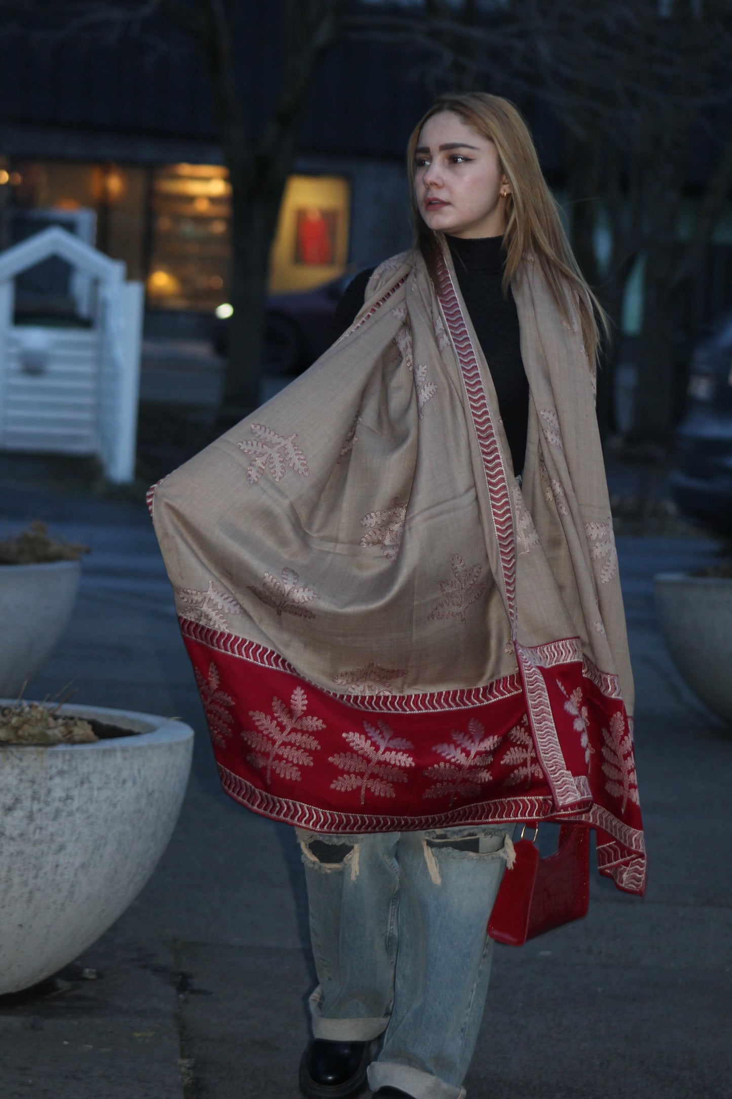 Beige & Red Embroidered Wool-Blend Shawl