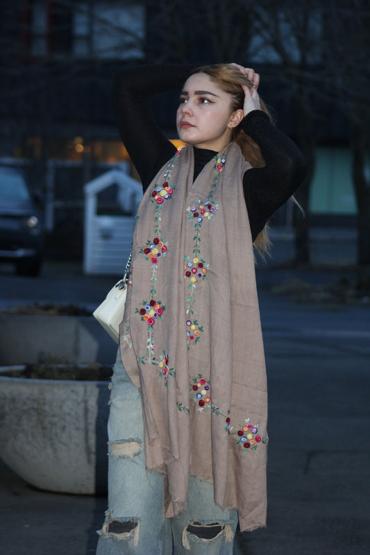 Taupe Hand-Embroidered Floral Shawl