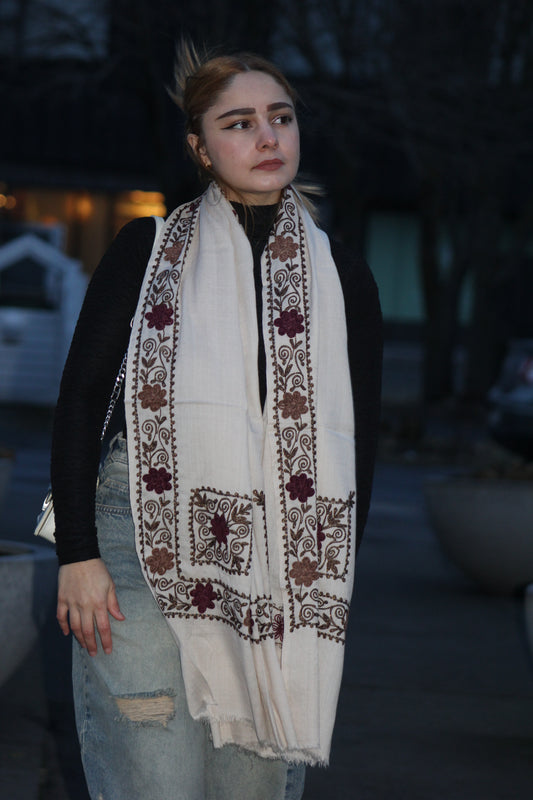 Ivory Embroidered Border Wool Shawl
