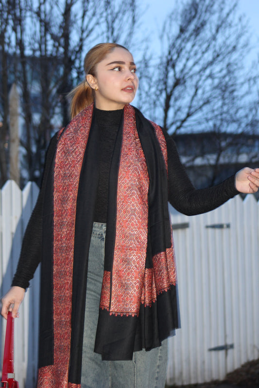 Banarasi Goat Wool Blend Shawl- Red & Black  (Signature Luxury Shawl)