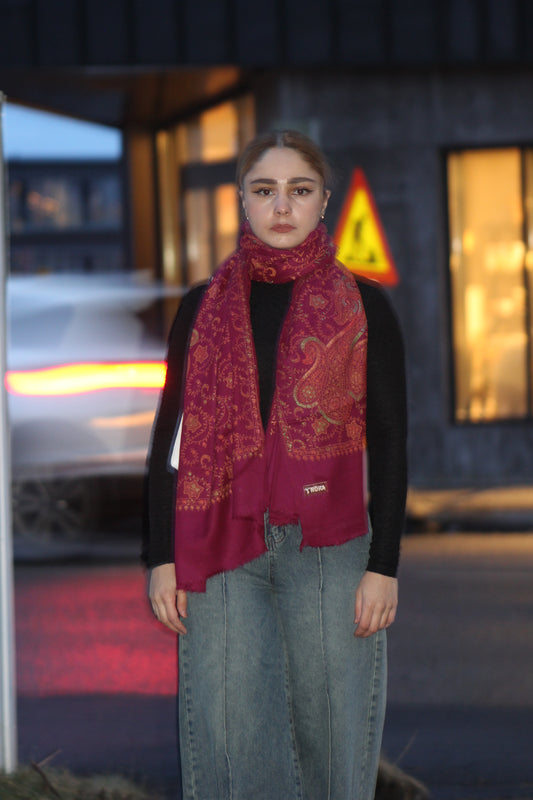 Paisley Lightweight Handworked Wool Scarf / Light Shawl– Wine Red