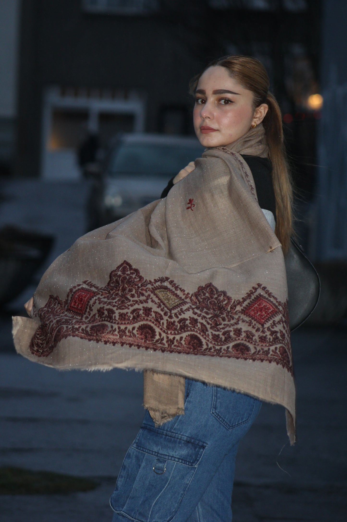 Moonstone Dusk Embroidered Scarf/ Light shawl