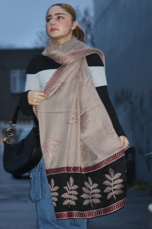 Mushroom Taupe & Midnight Black Embroidered Wool-Blend Shawl