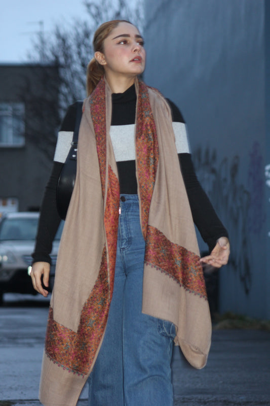 Banarasi Goat Wool Blend Shawl in Desert Taupe ( Signature Luxury Shawl)