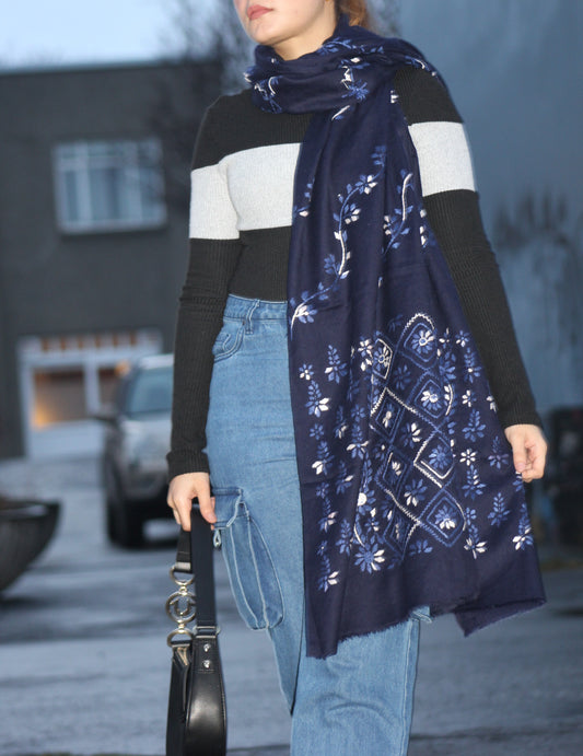 Midnight Bloom Embroidered Wool Shawl