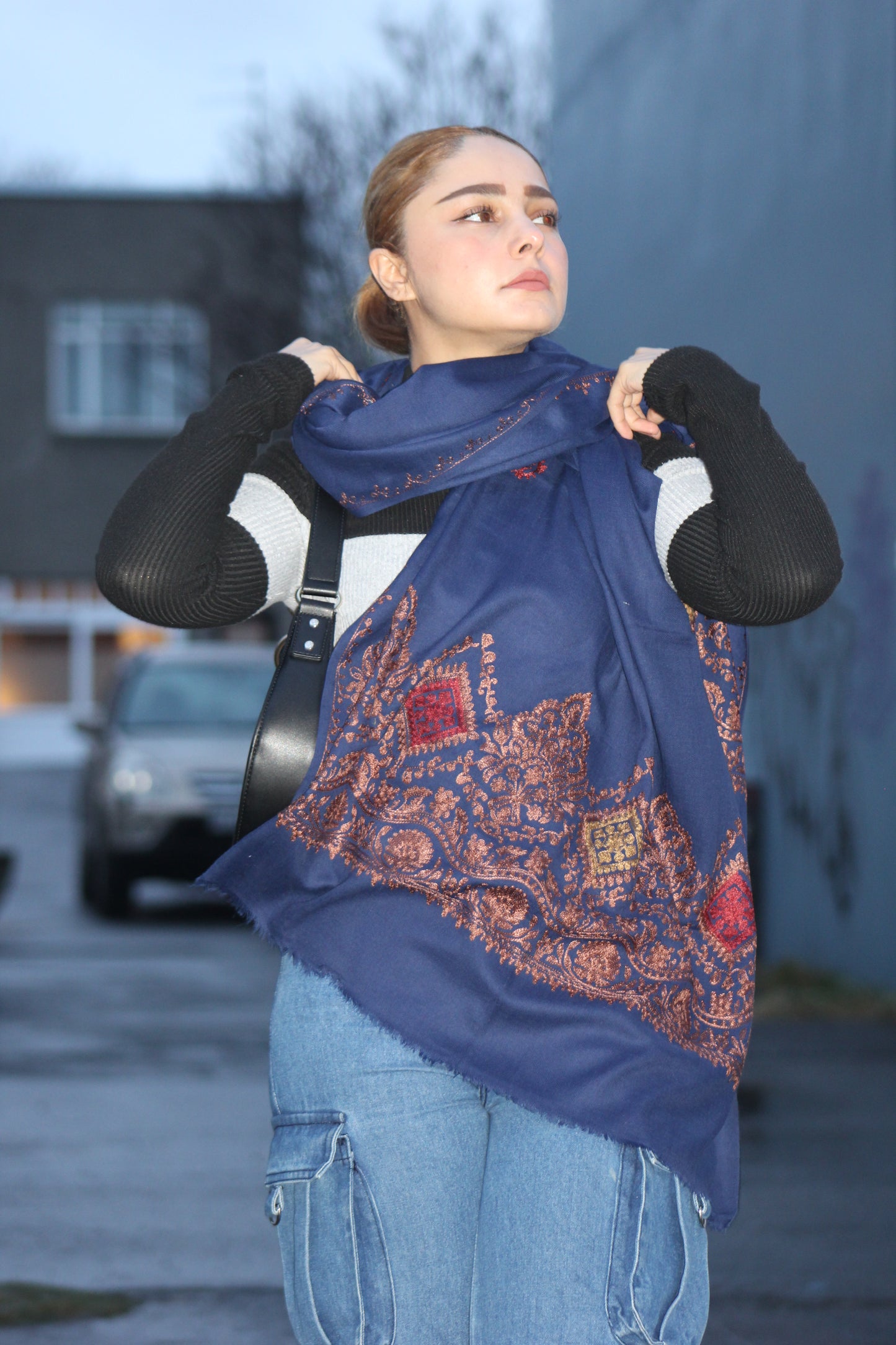 Twilight Blue Embroidered Scarf/ Light shawl
