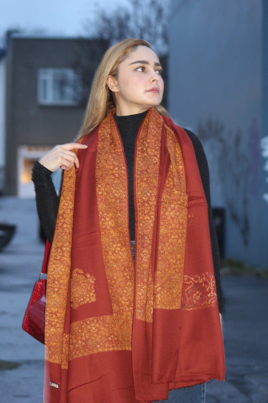 Rust Amber-Paisley Handworked Wool Scarf/ Light  Shawl